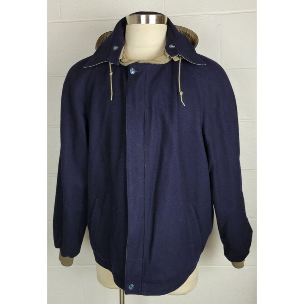 Vtg Lakeland Blue Wool Khaki Reversible Bomber Jacket Coat w.‎ Removable Hood 48
